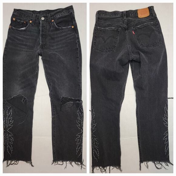Levis Premium 501 Jean Sz 26 High Rise Embellished Fray Button Fly Big E Gray - Picture 1 of 10
